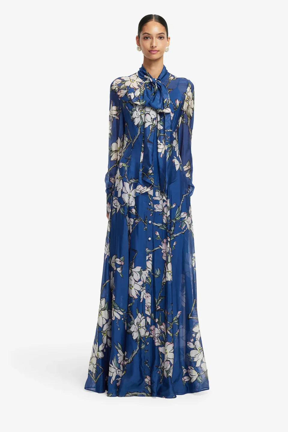 Lilith Floral Tie Neck Silk Maxi Dress in Blue