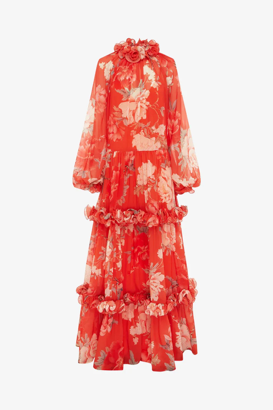 Angela Floral Ruffles Maxi Dress in Orange