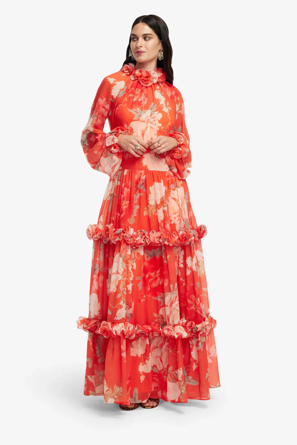 Angela Floral Ruffles Maxi Dress in Orange