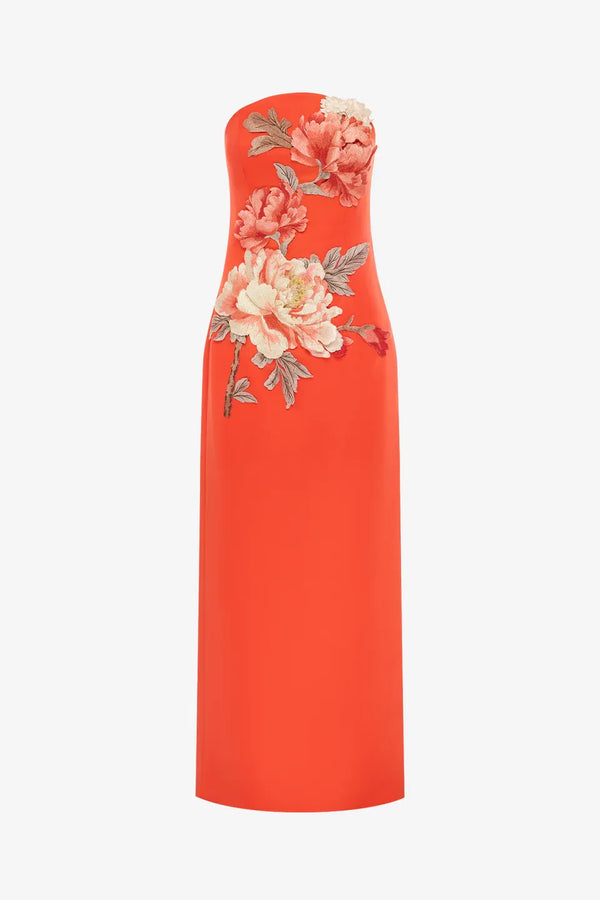 Ava Floral Applique Bustier Maxi Dress in Orange