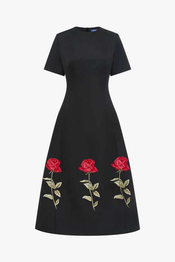 Caroline Embellished Rose Midi Dress in Black
