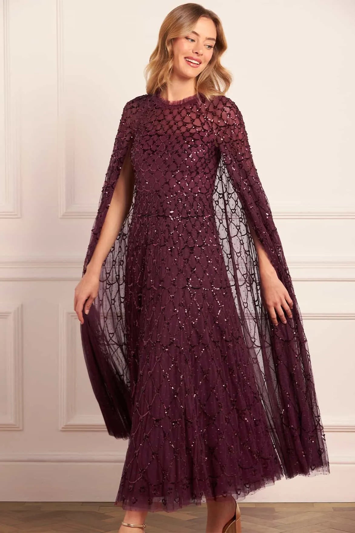 Heart Lattice Sequin Cape Evening Dress in Maroon
