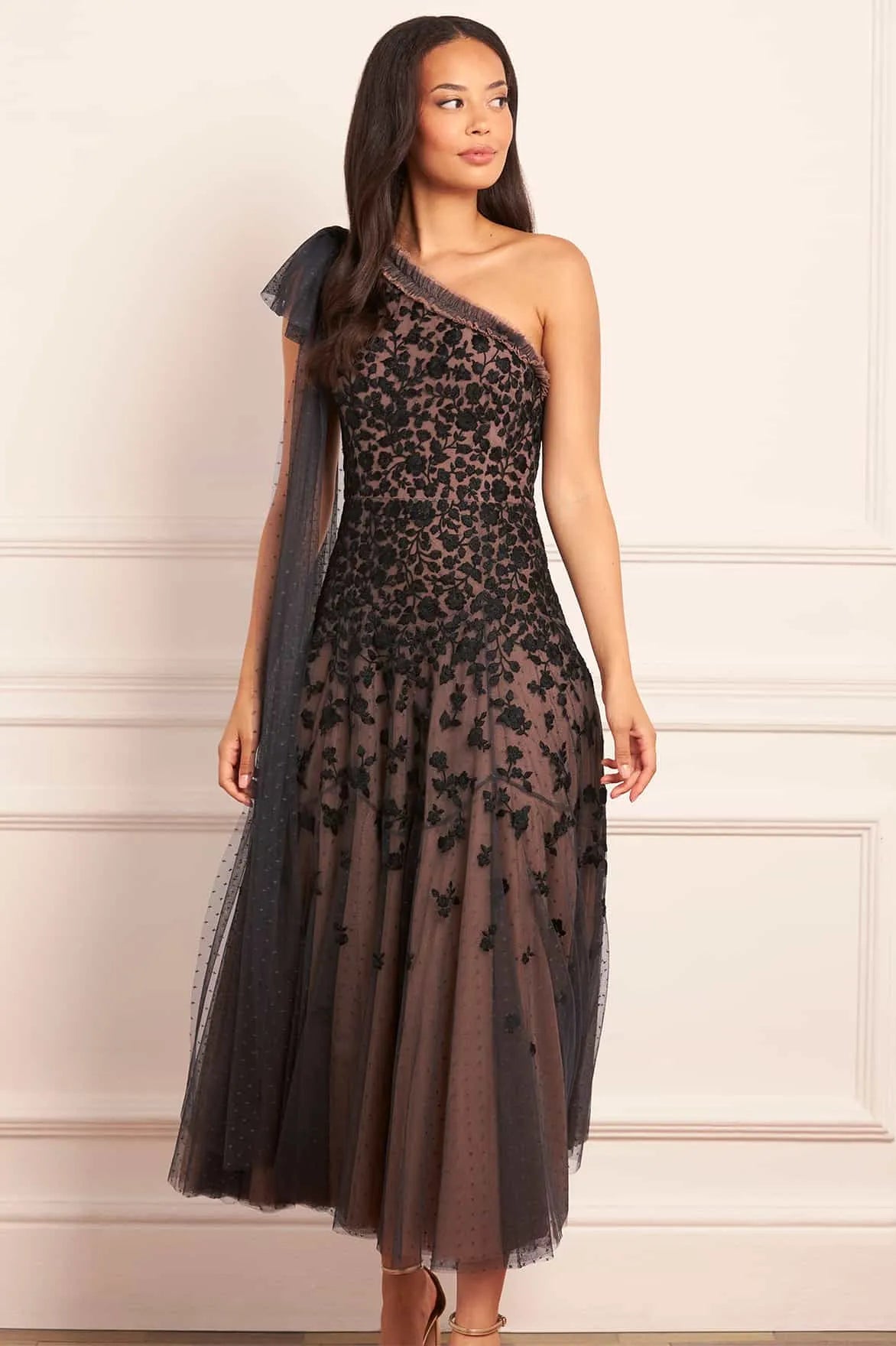 Sylvia Rose One Shoulder Bow Evening Dress in Black