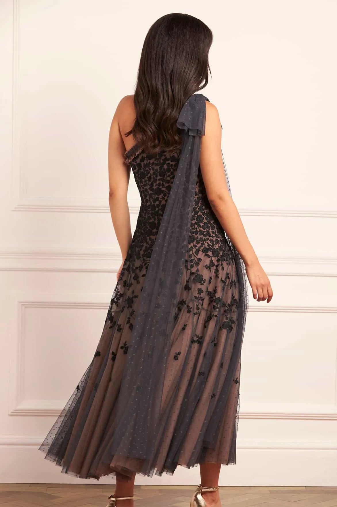 Sylvia Rose One Shoulder Bow Evening Dress in Black