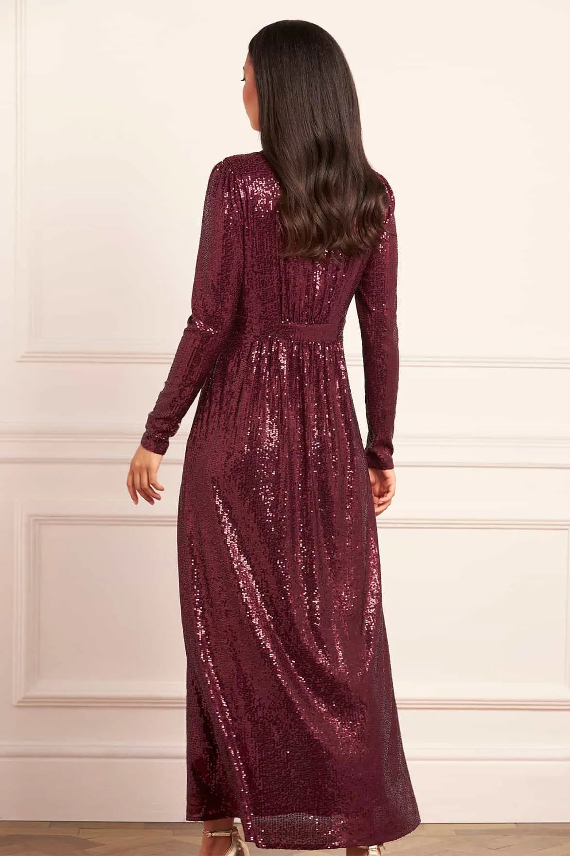 Chelsea V Neck Sequin Evening Dress in Maroon