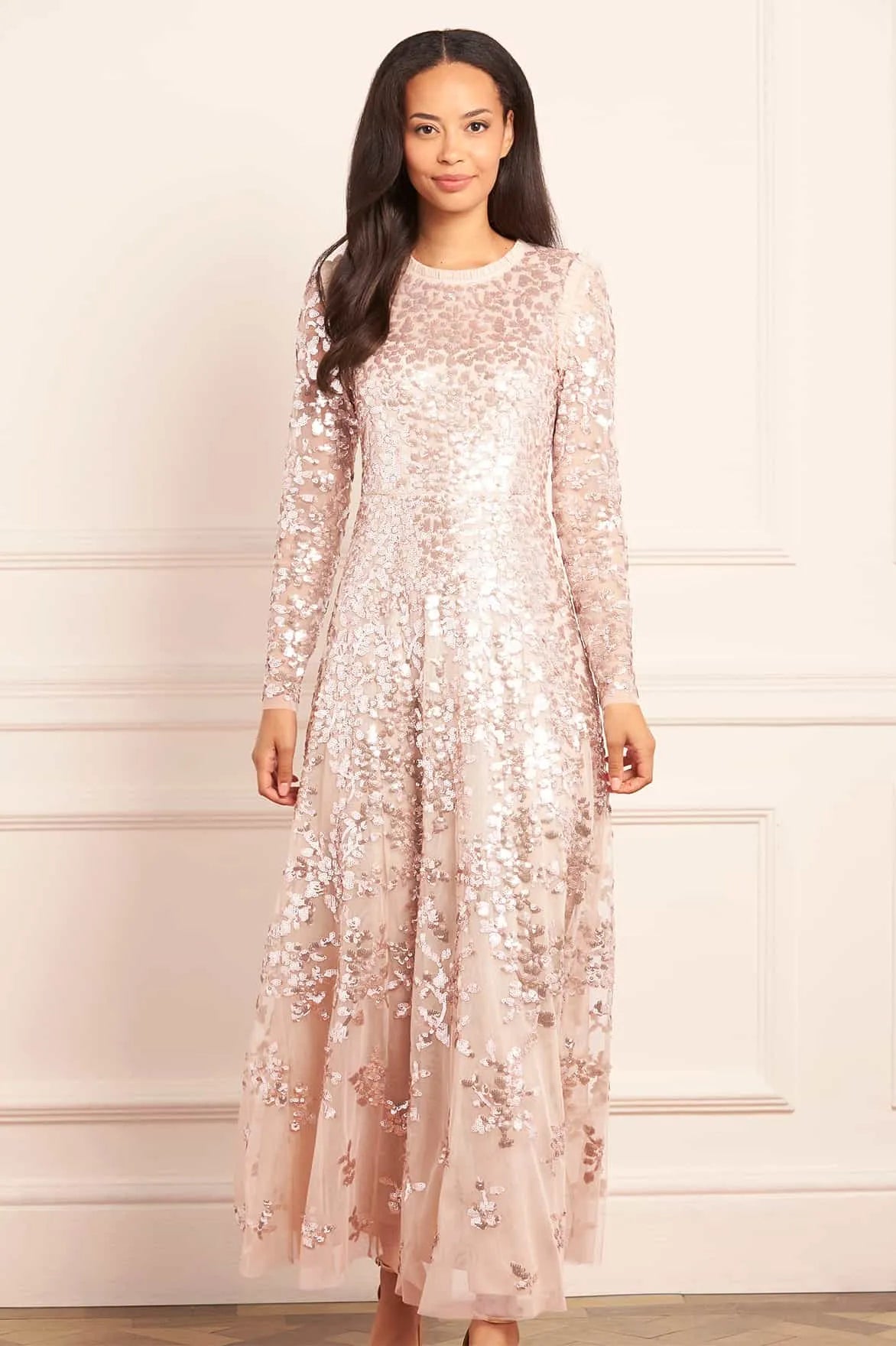 Rosanna Lattice Sequin Evening Dress in Beige