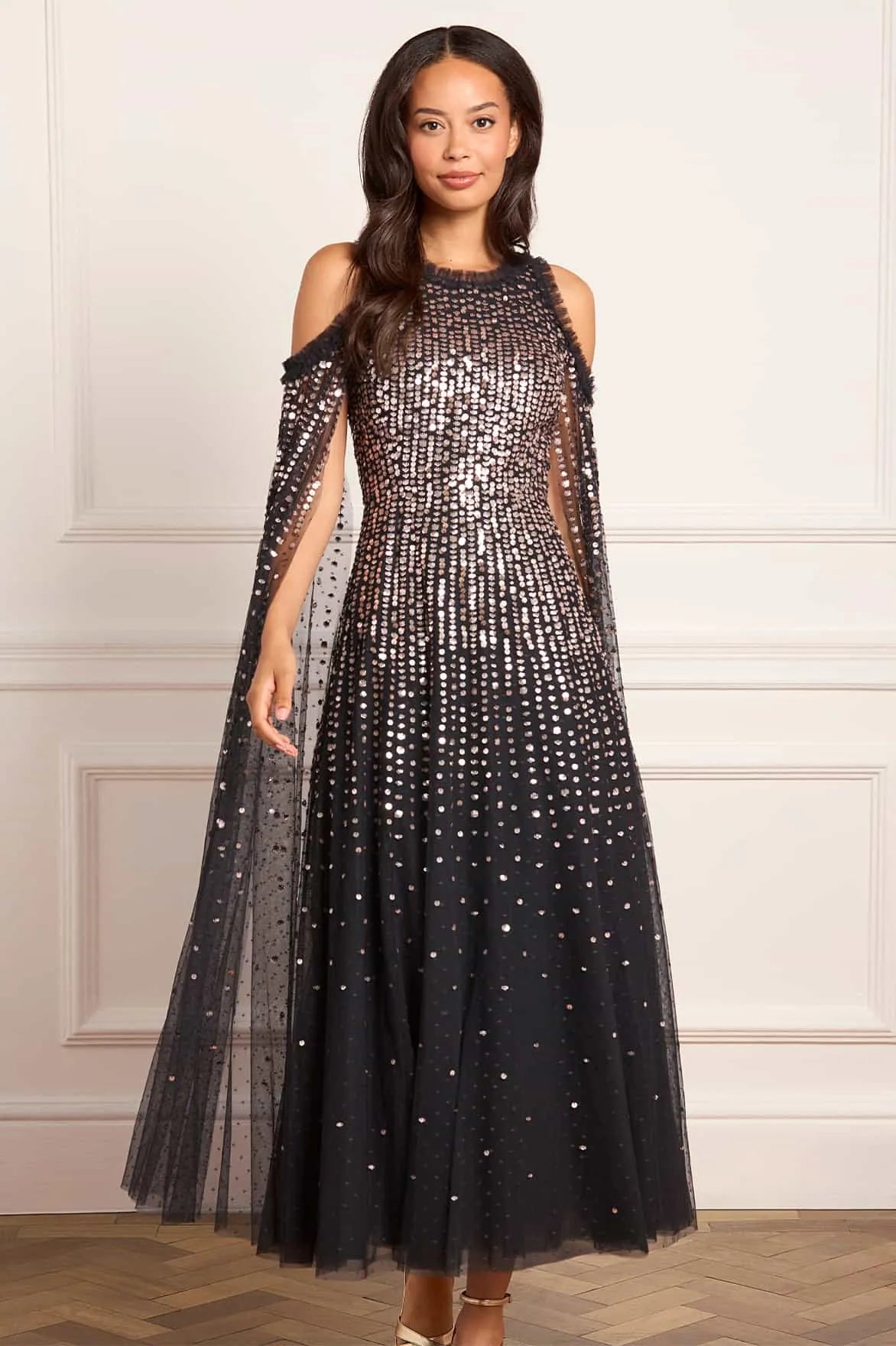 Moonlight Sequin Cape Sleeve Evening Dress in Black
