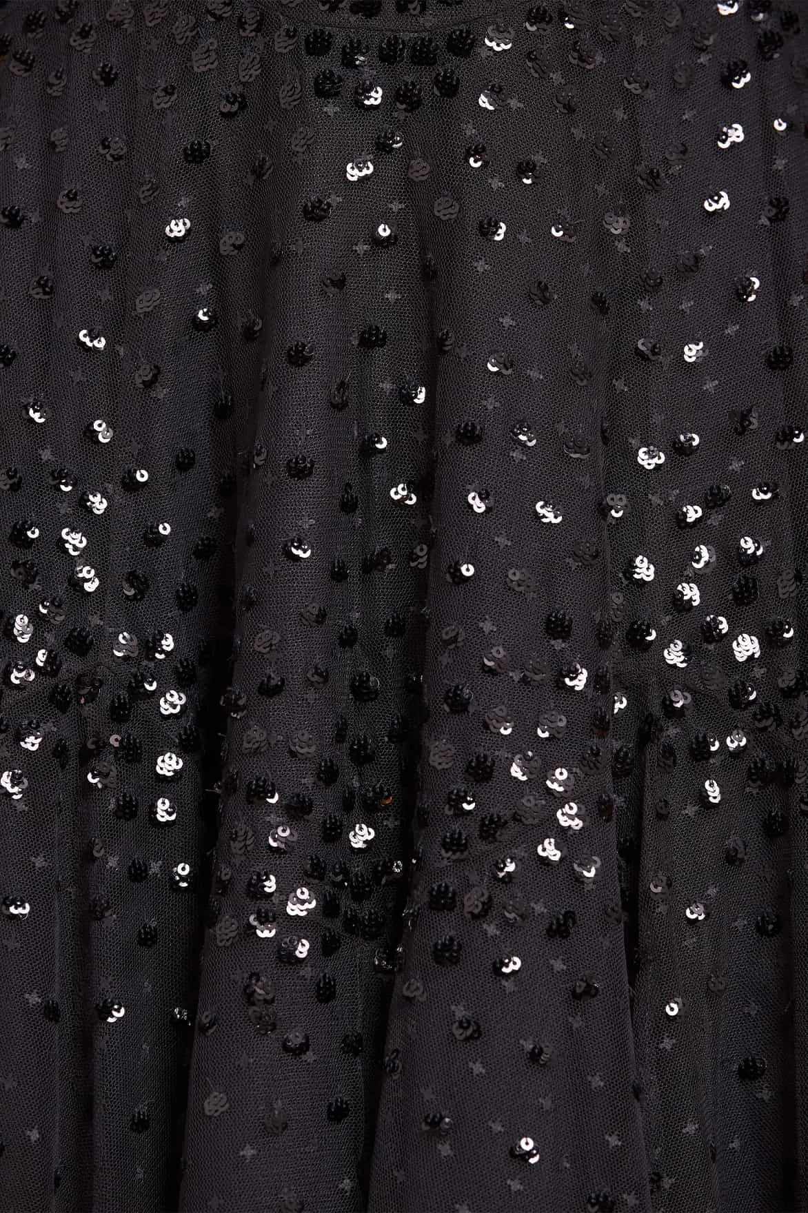 Scallop Sequin Evening Dress in Black