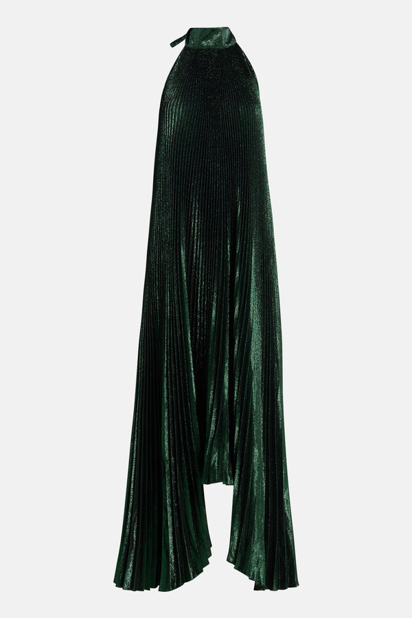 Olympia Shimmer Pleated Sleeveless Evening Dress in Green
