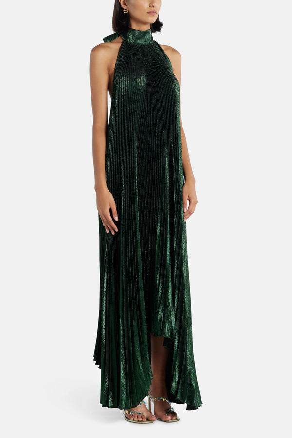 Olympia Shimmer Pleated Sleeveless Evening Dress in Green