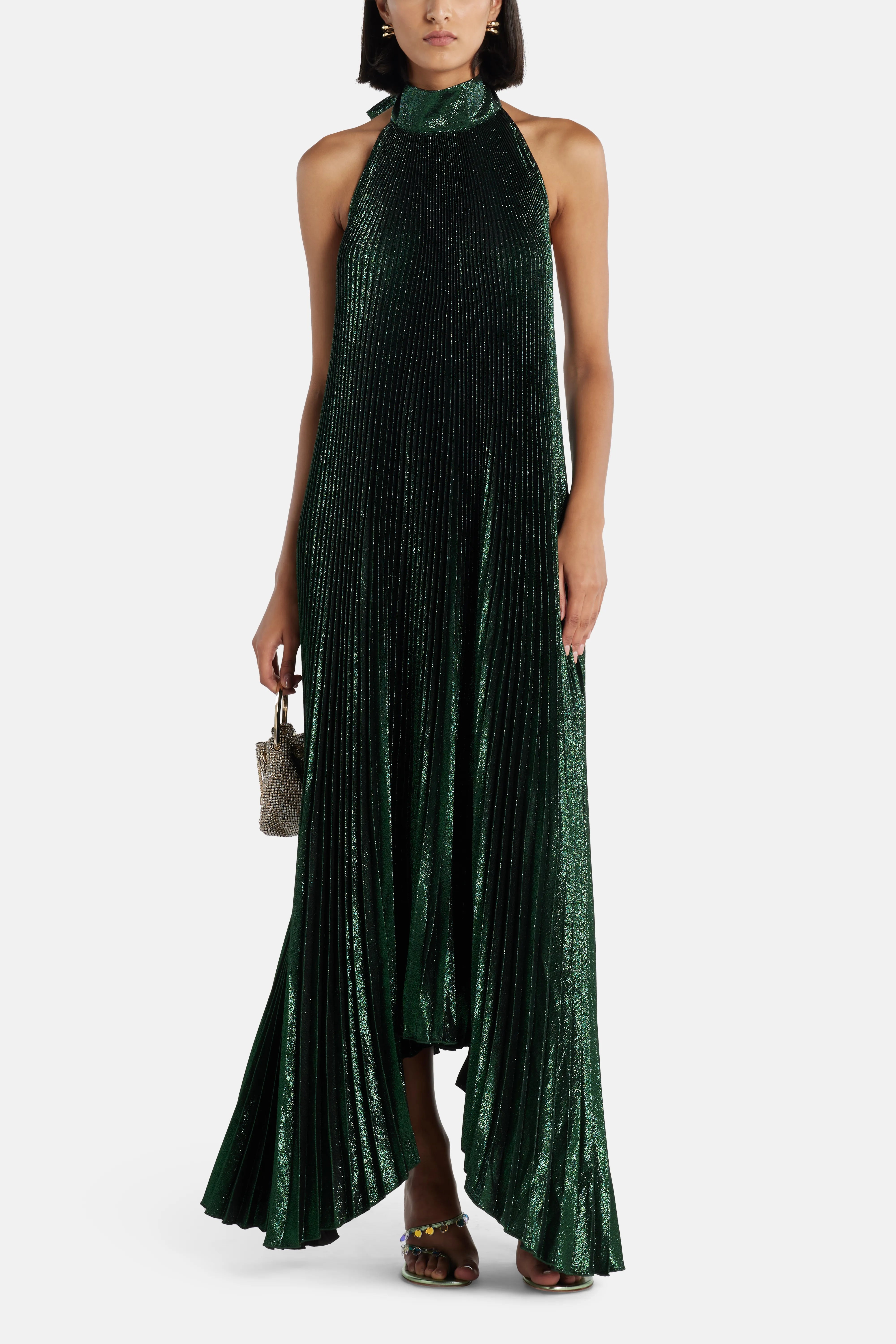 فستان سهرة أولمبيا أخضر لامع بكمات مطوية