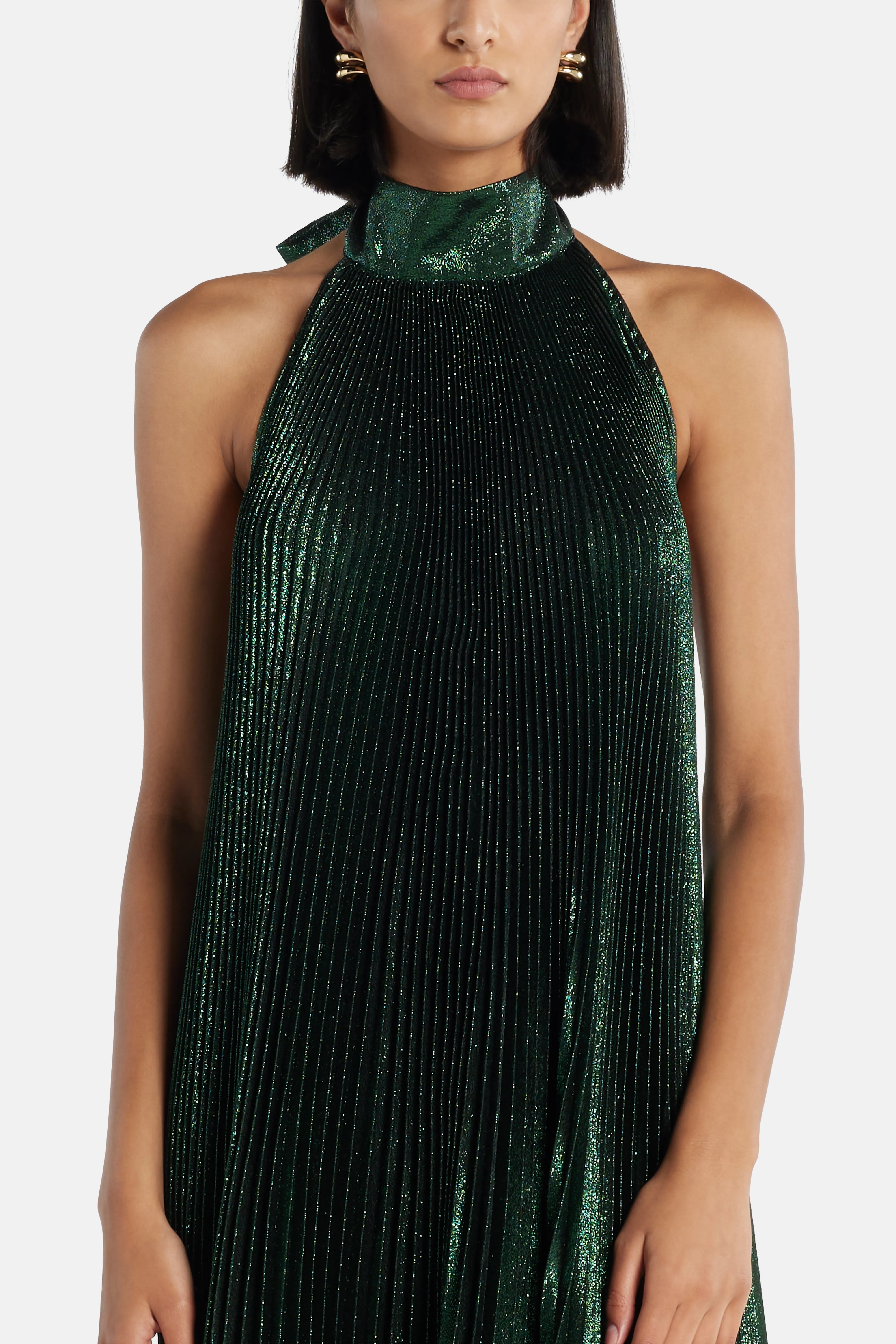 فستان سهرة أولمبيا أخضر لامع بكمات مطوية