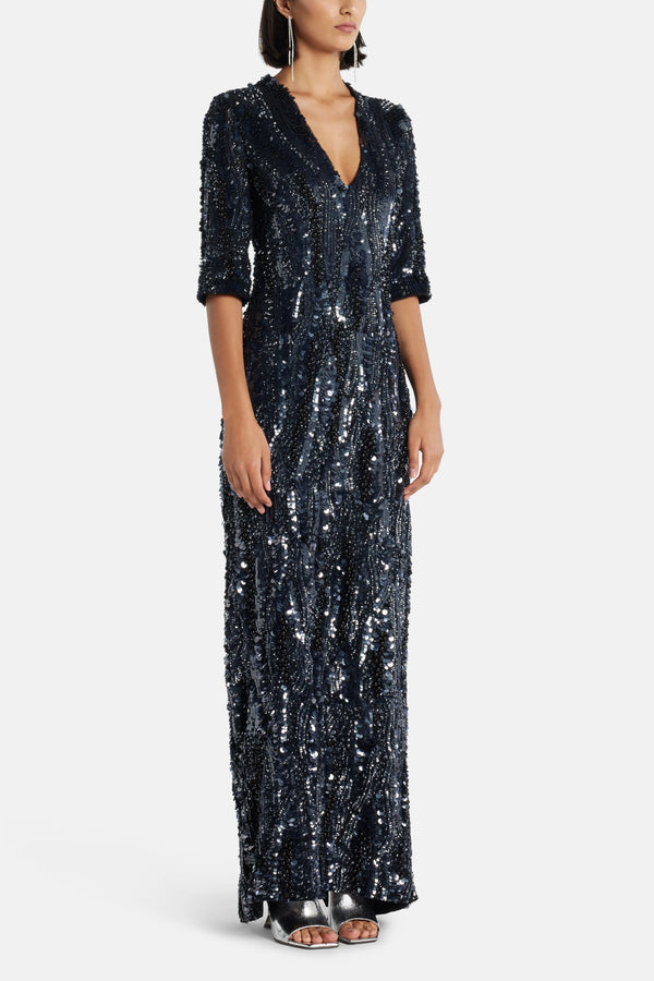 Allegra Sequin V Neck Evening Dress in Black