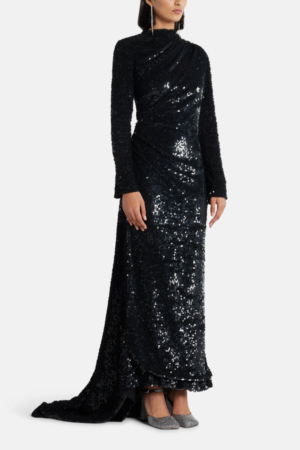 Adeline Sequin Back Cut Out Evening Gown in Black