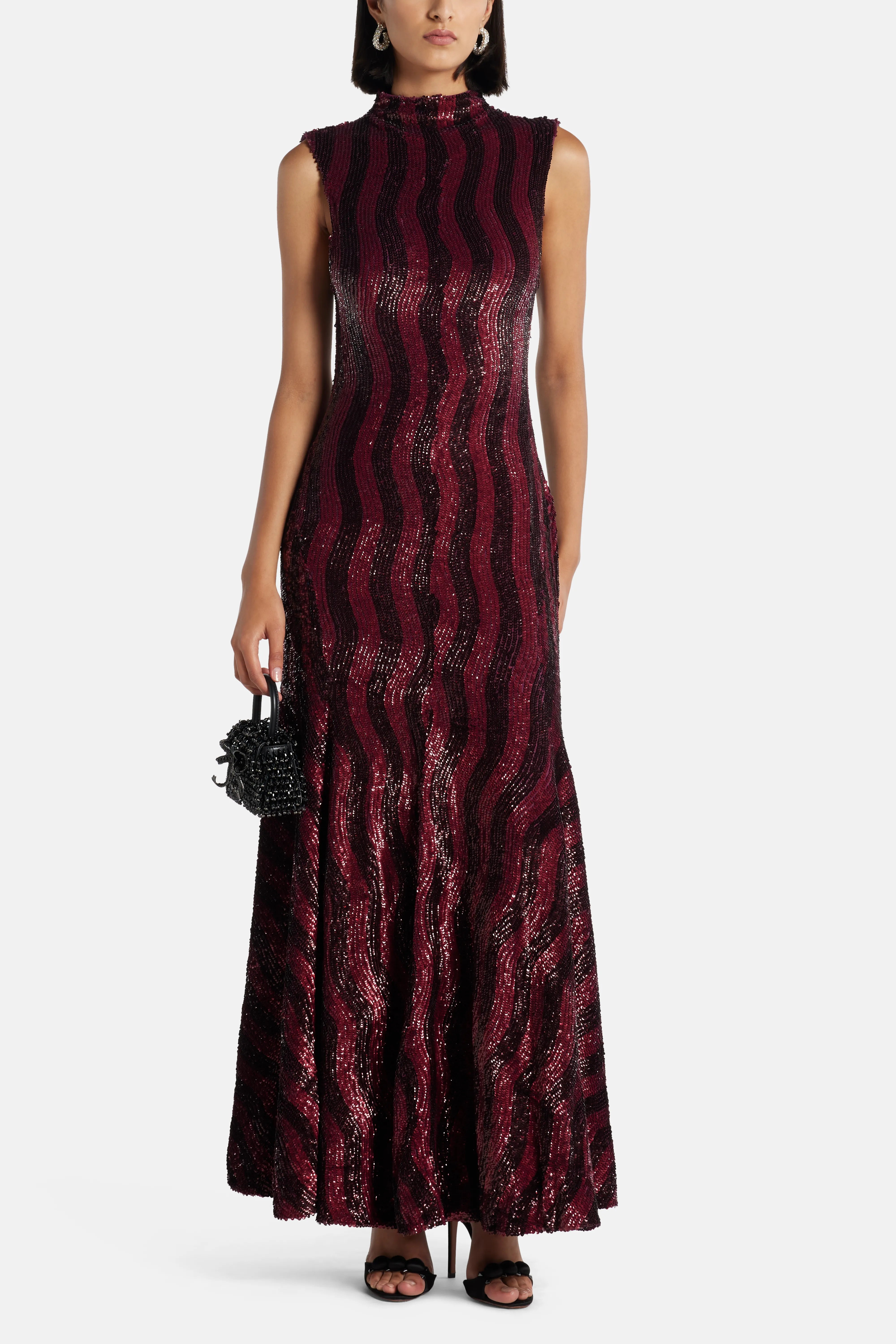 Leonie Sequin Sleeveless Evening Dress in Burgundy