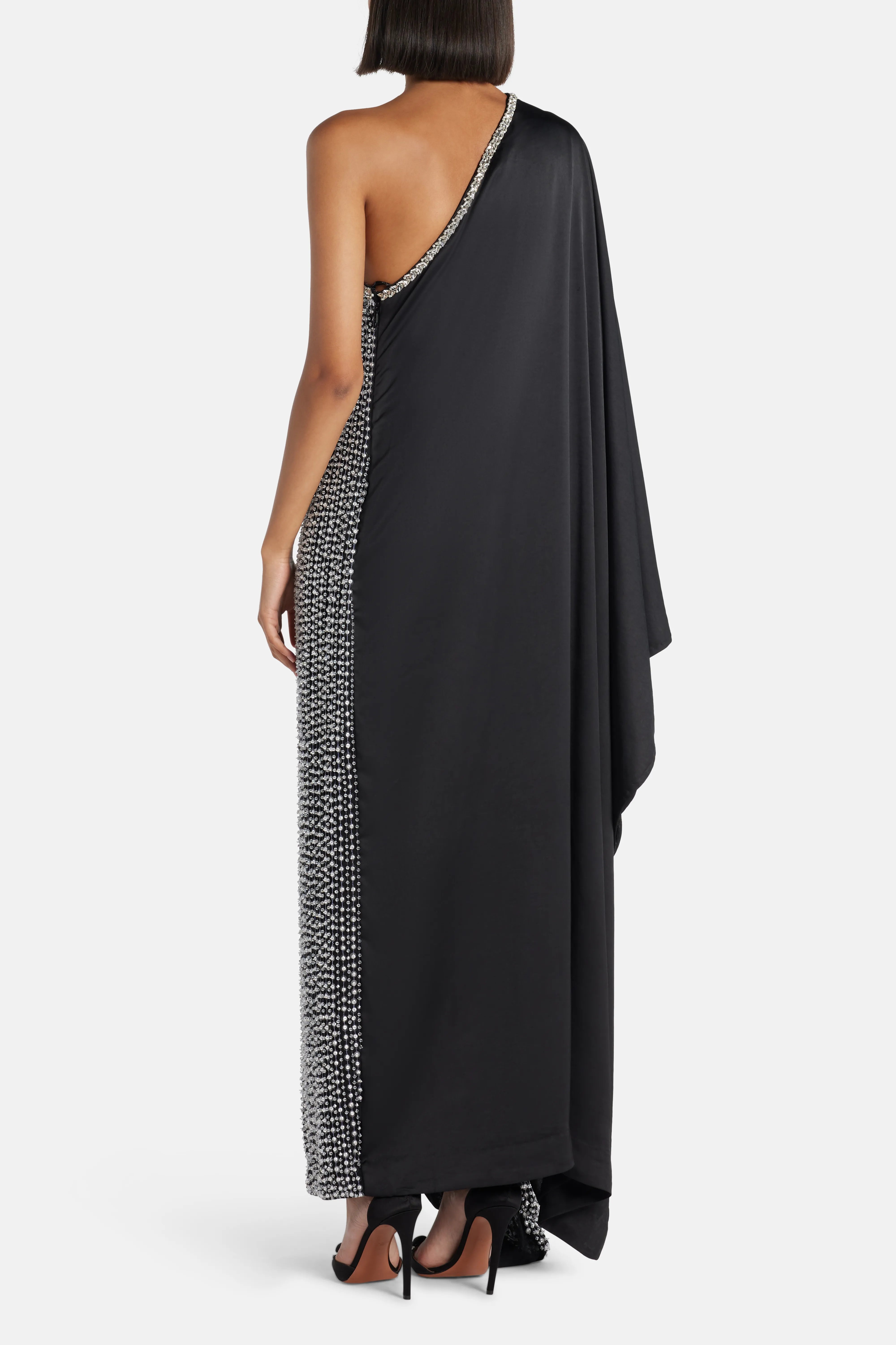Nico Sequin One Shoulder Evening Dress in Black