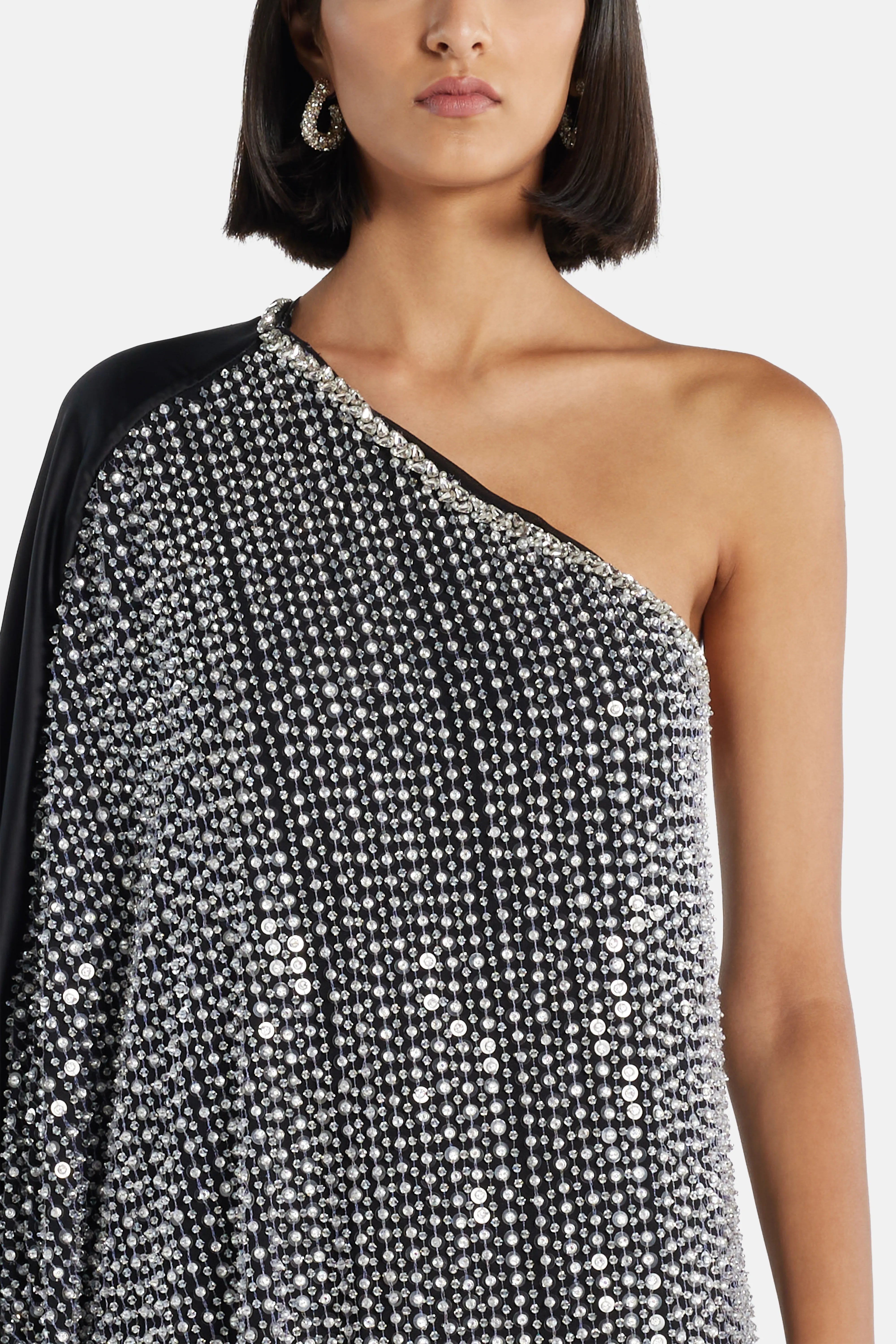 Nico Sequin One Shoulder Evening Dress in Black