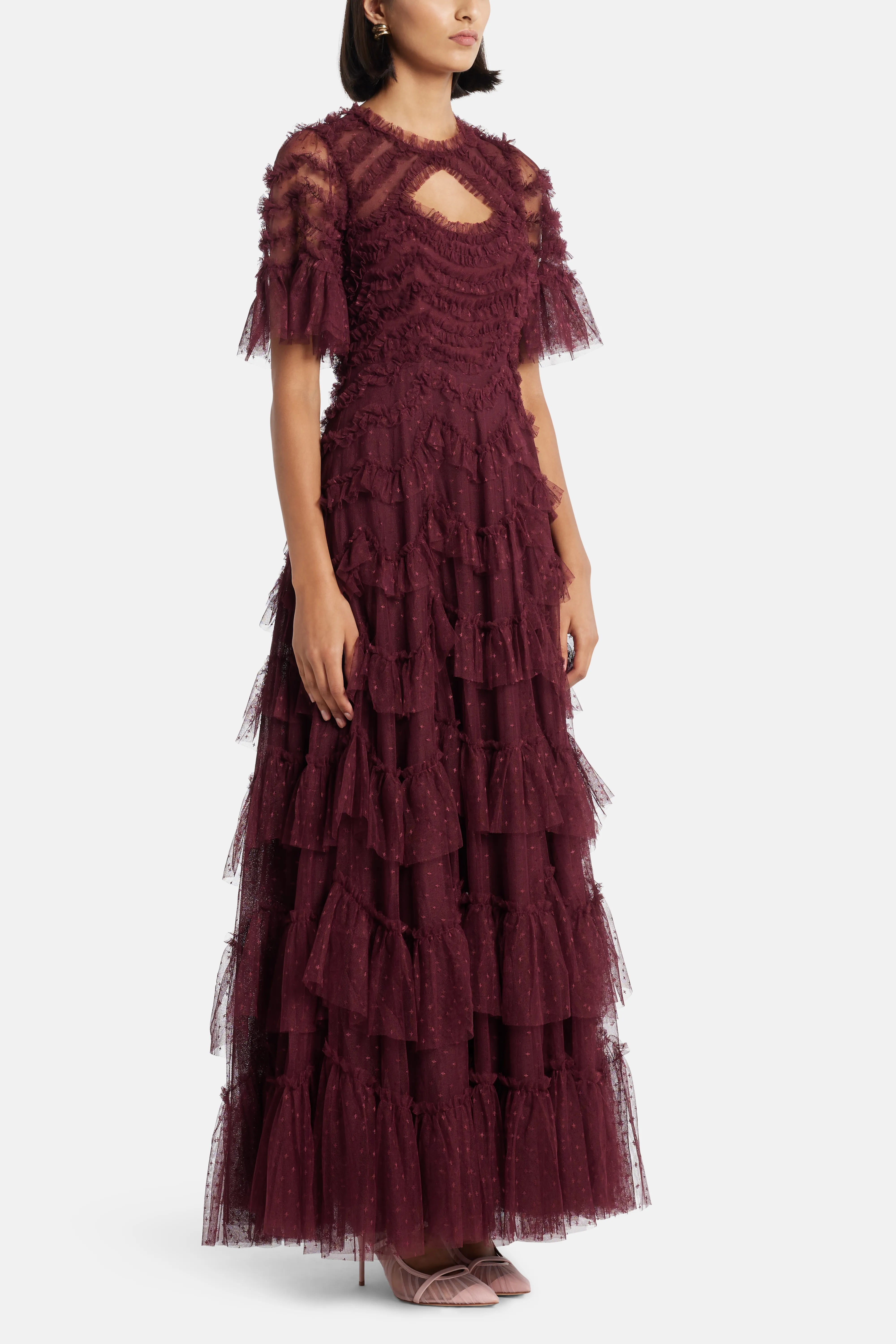 white christmas dresses Aviana Ruffles Cut Out Evening Dress in Maroon