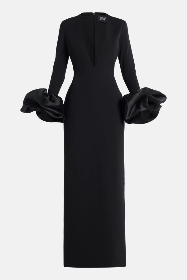 Valerie Deep V Neck Evening Dress in Black