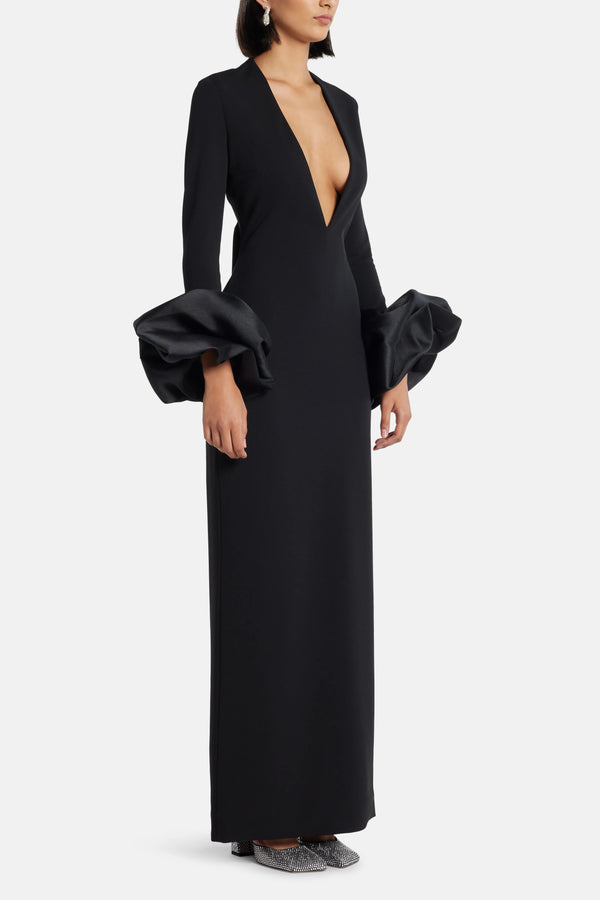 Valerie Deep V Neck Evening Dress in Black