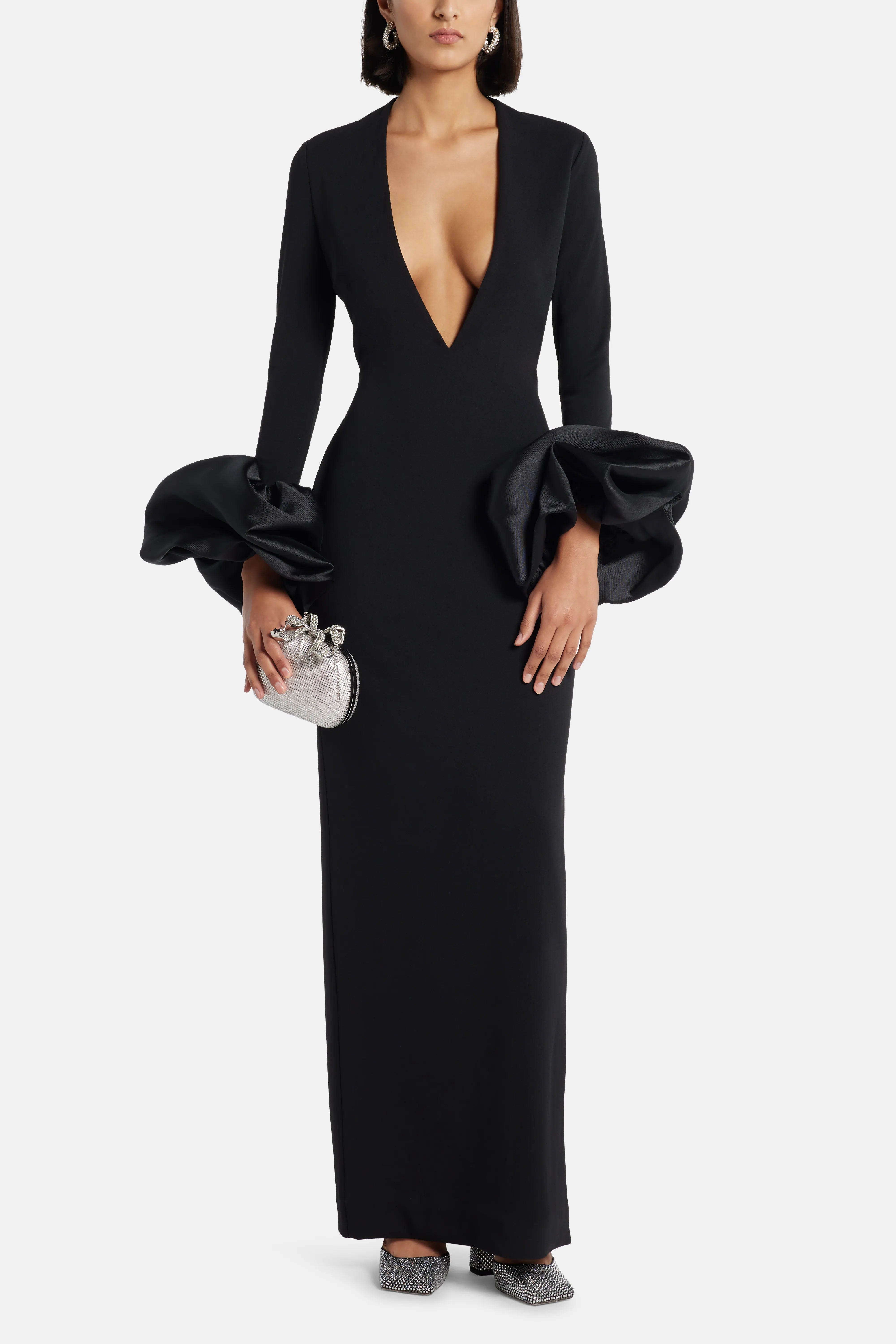Valerie Deep V Neck Evening Dress in Black