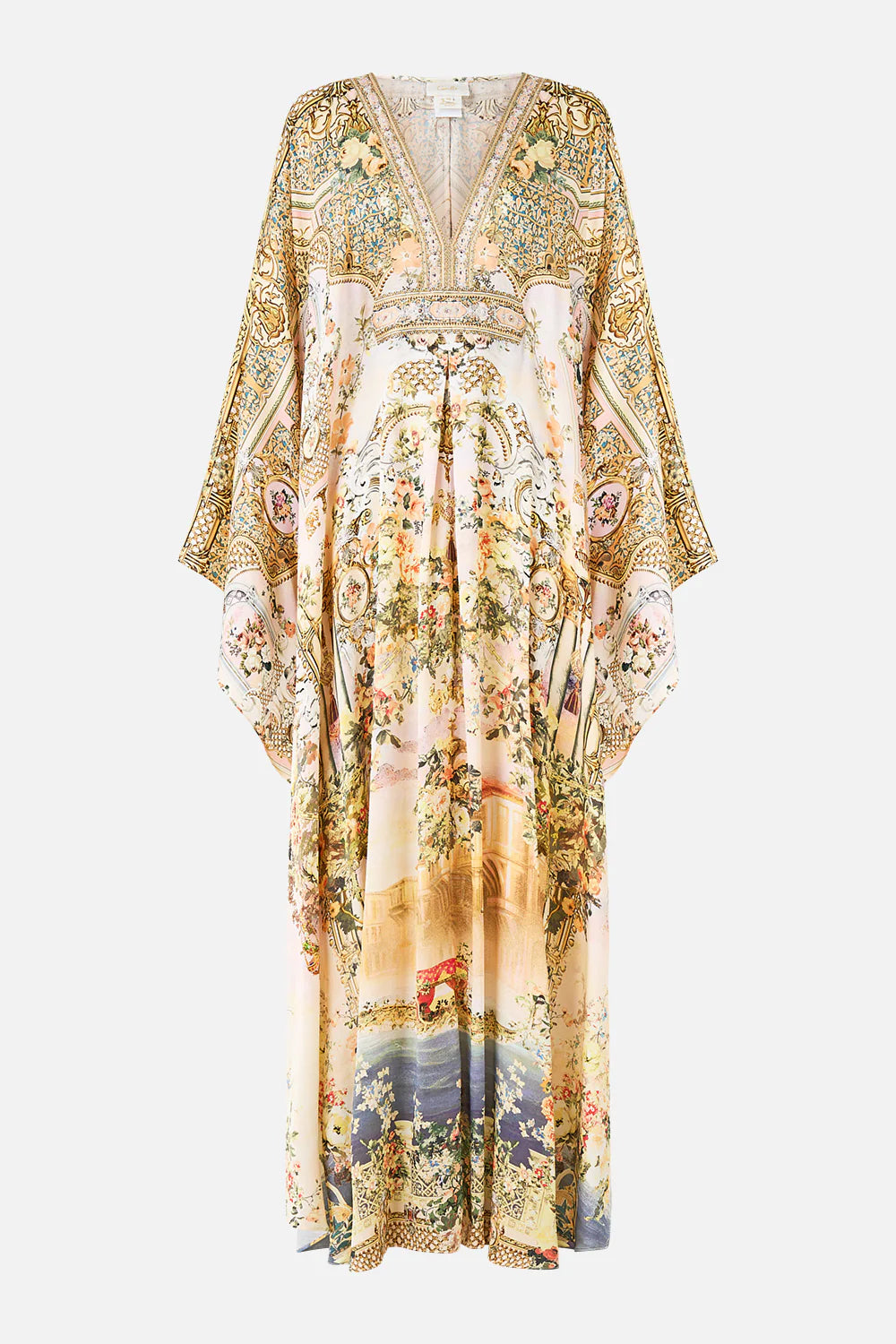 Twilight in Istanbul Floral Silk Long Kaftan With Waist Detail in Beige