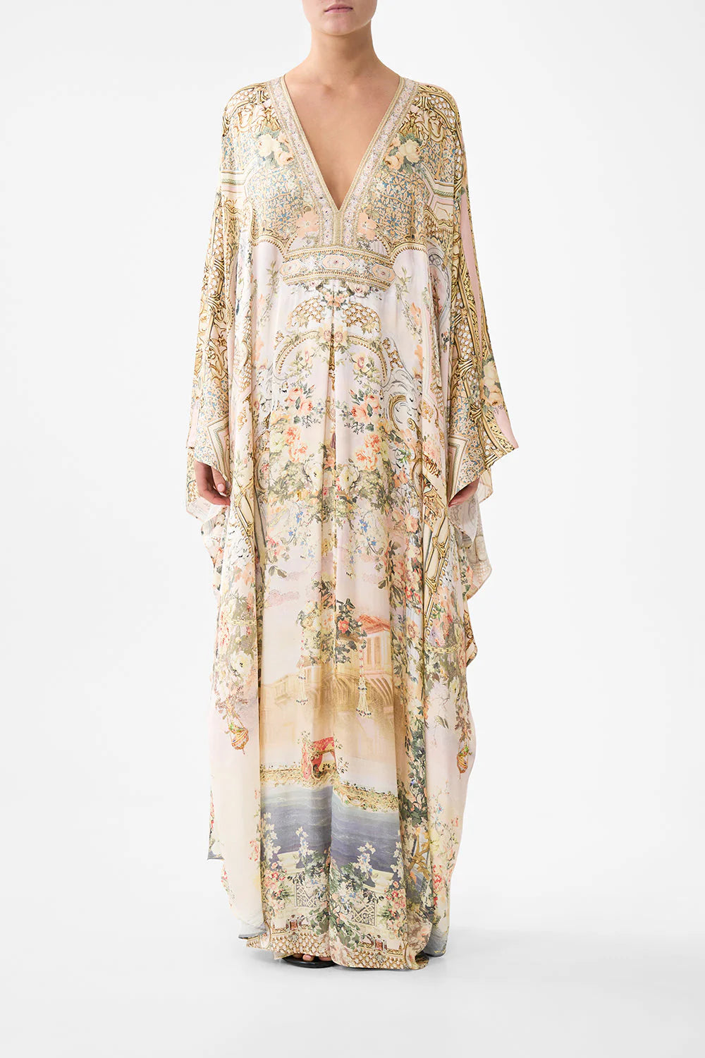Twilight in Istanbul Floral Silk Long Kaftan With Waist Detail in Beige