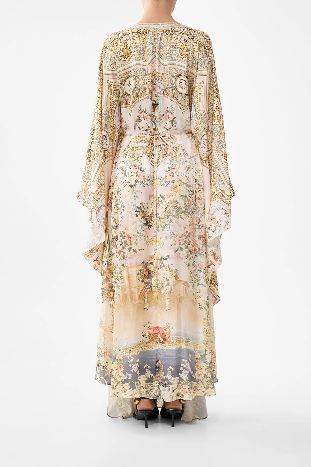 Twilight in Istanbul Floral Silk Long Kaftan With Waist Detail in Beige