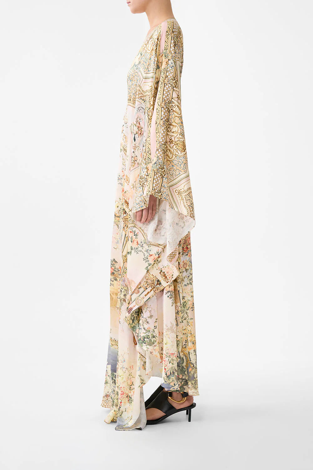 Twilight in Istanbul Floral Silk Long Kaftan With Waist Detail in Beige