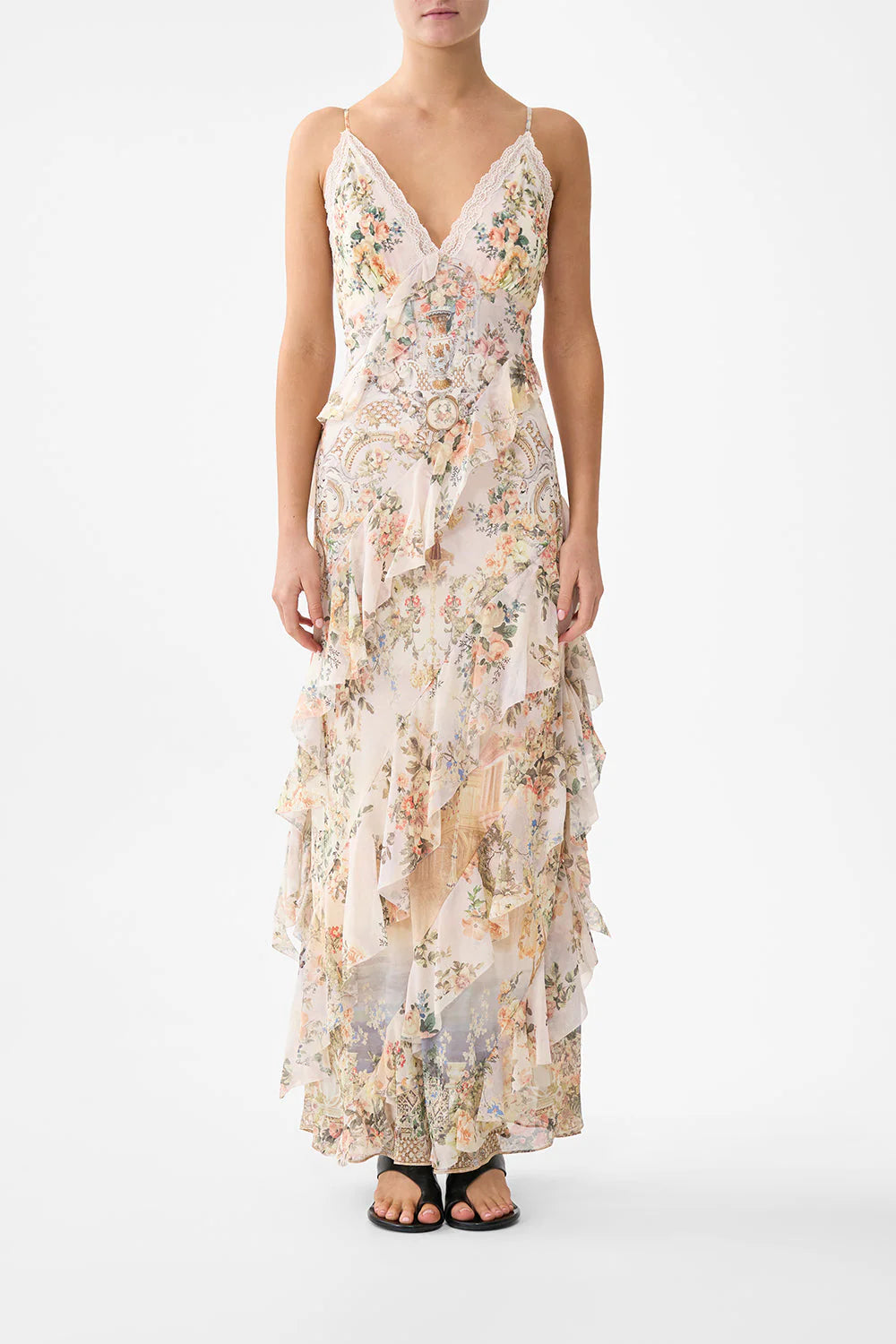 Twilight in Istanbul Sleeveless Asymmetrical Ruffle Floral Slip Silk Maxi Dress in Beige