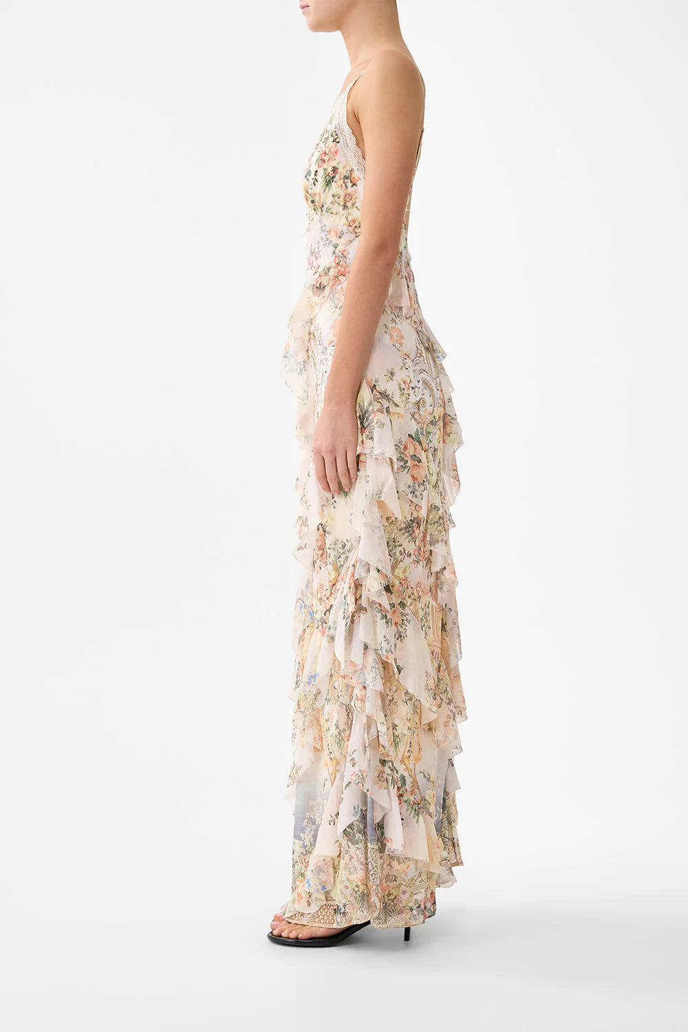 Twilight in Istanbul Sleeveless Asymmetrical Ruffle Floral Slip Silk Maxi Dress in Beige