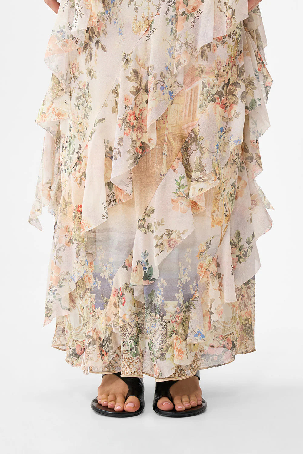 Twilight in Istanbul Sleeveless Asymmetrical Ruffle Floral Slip Silk Maxi Dress in Beige