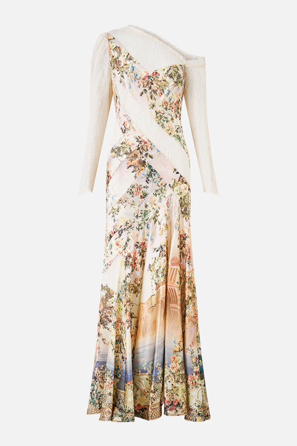 Twilight in Istanbul Lace Splice Floral One Shoulder Silk Maxi Dress in Beige