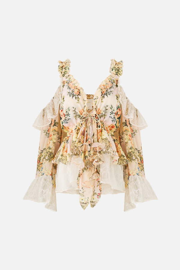 Twilight in Istanbul Sleeveless Cold Shoulder Ruffle Floral Silk Top in Beige