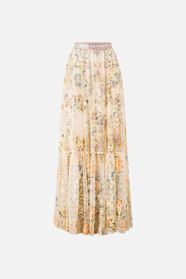 Twilight in Istanbul Waistband Ruffle Hem Floral Maxi Skirt in Beige