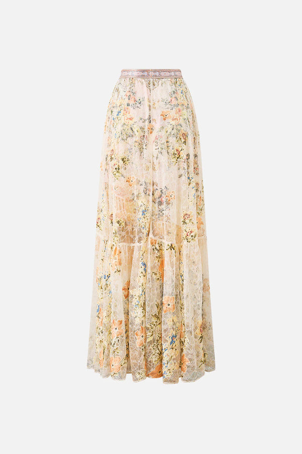 Twilight in Istanbul Waistband Ruffle Hem Floral Maxi Skirt in Beige
