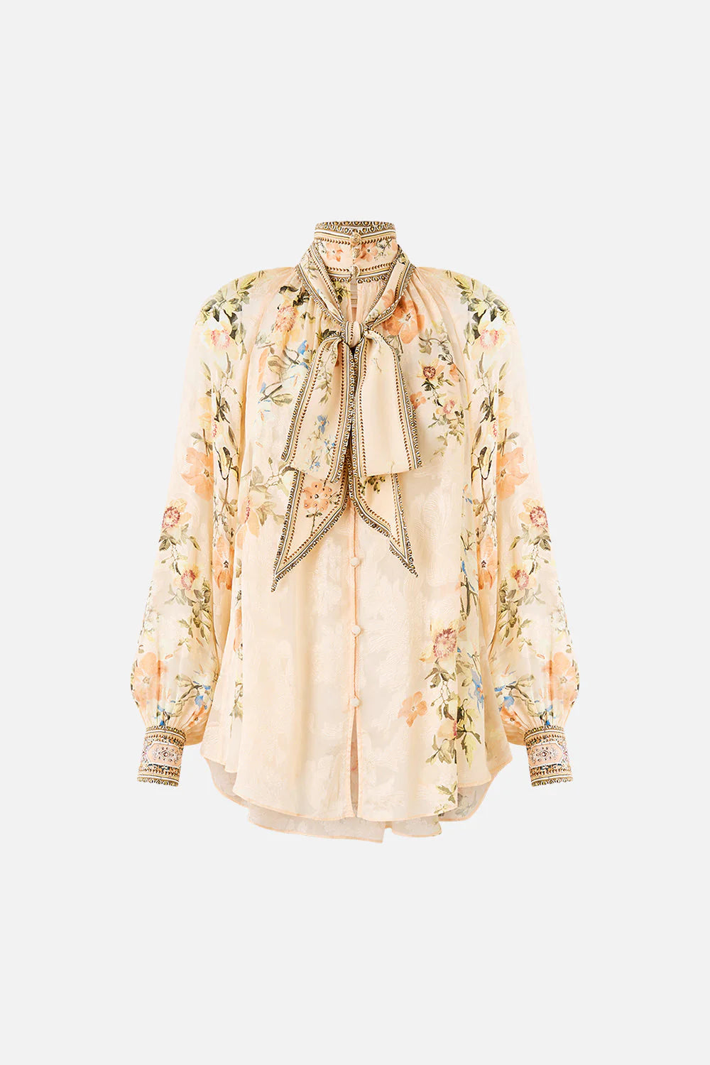 Twilight in Istanbul Detachable Pussy Bow Raglan Floral Silk Blouse in Beige