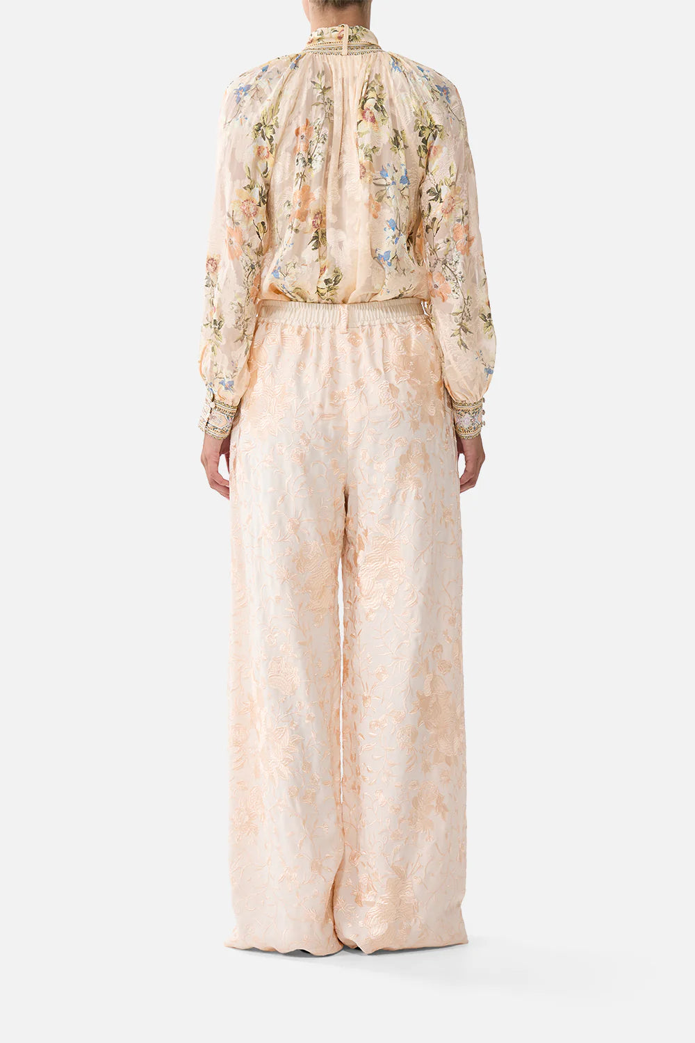 Twilight in Istanbul Detachable Pussy Bow Raglan Floral Silk Blouse in Beige