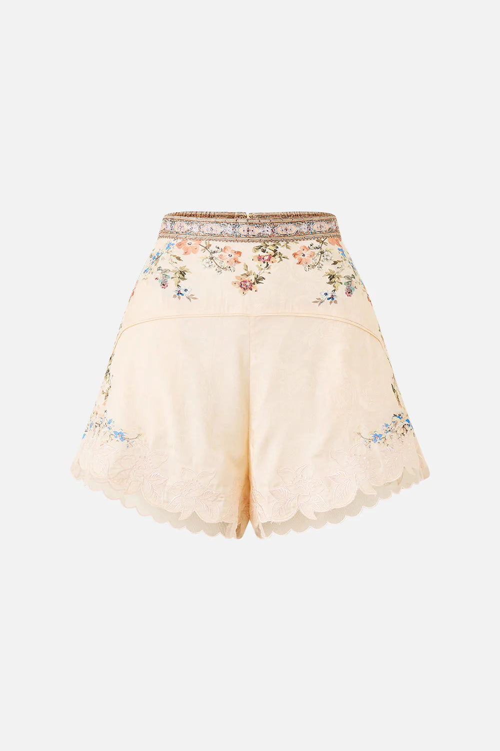 Twilight in Istanbul High Waisted Flared Floral Shorts in Beige