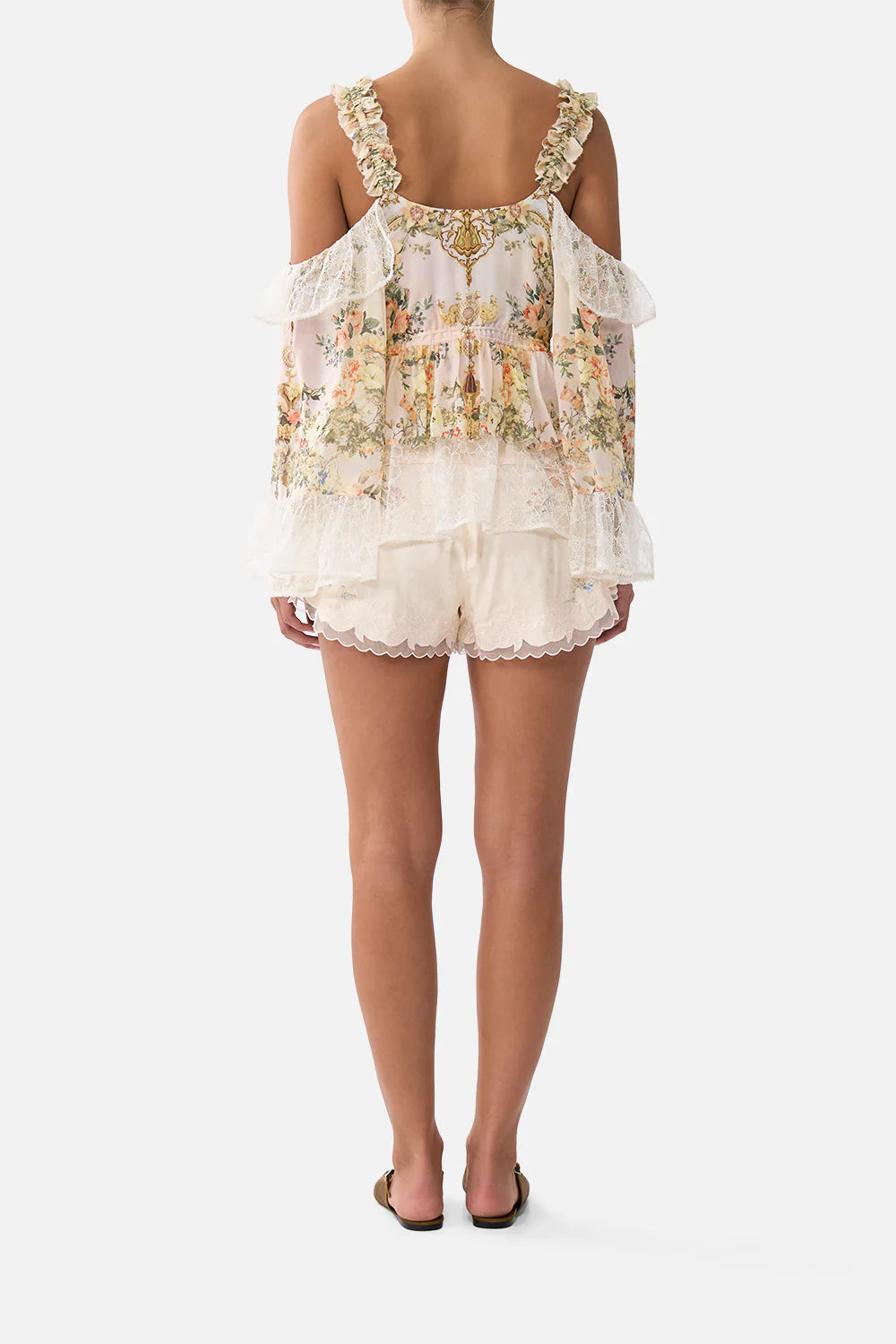 Twilight in Istanbul High Waisted Flared Floral Shorts in Beige