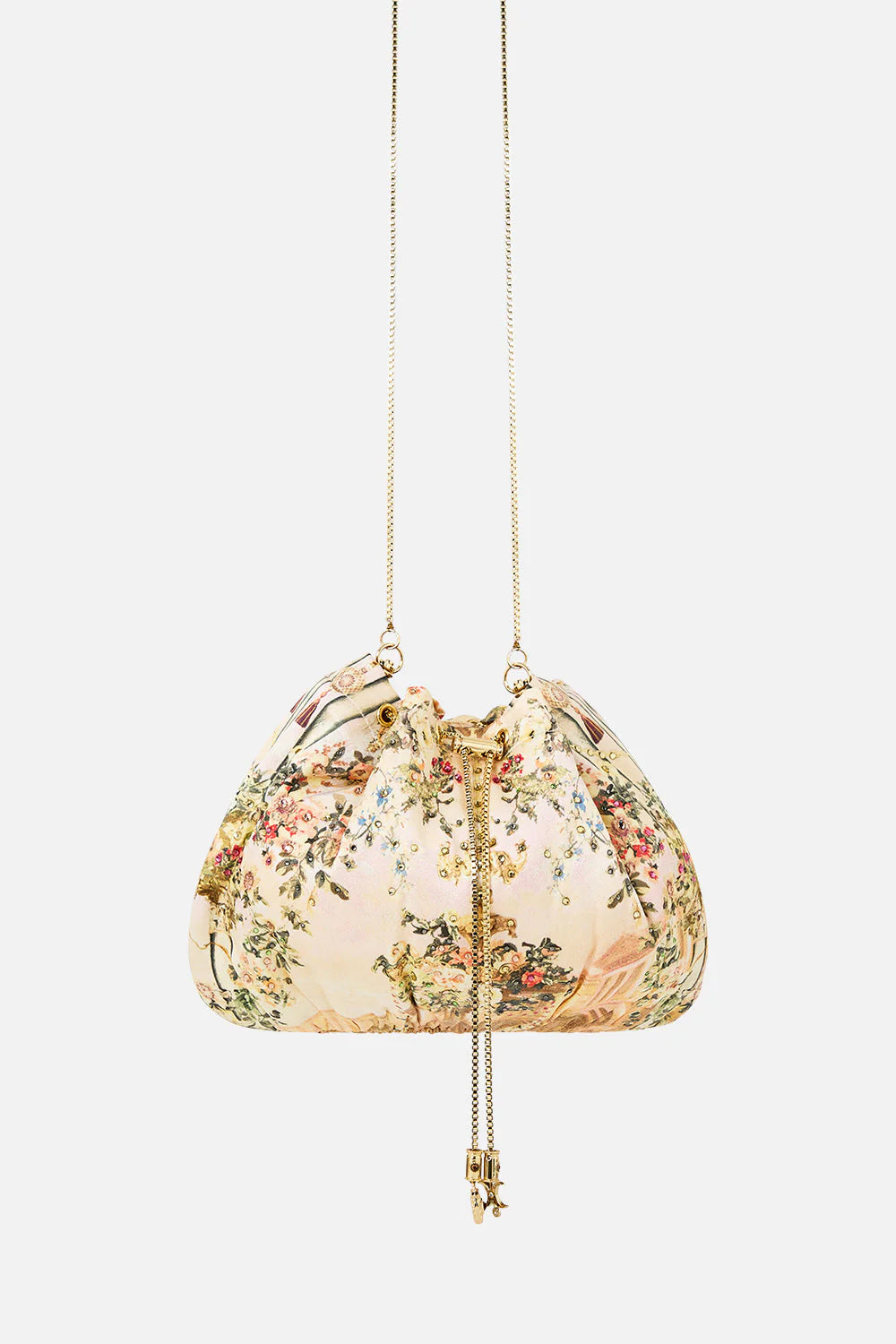 Twilight in Istanbul Drawstring Silk Pouch Bag With Chain Straps in Beige