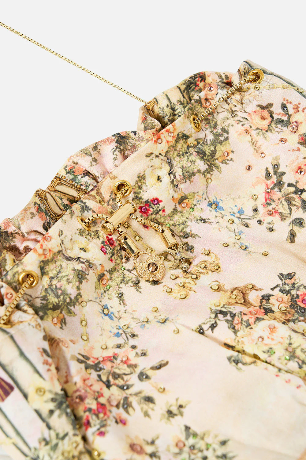 Twilight in Istanbul Drawstring Silk Pouch Bag With Chain Straps in Beige