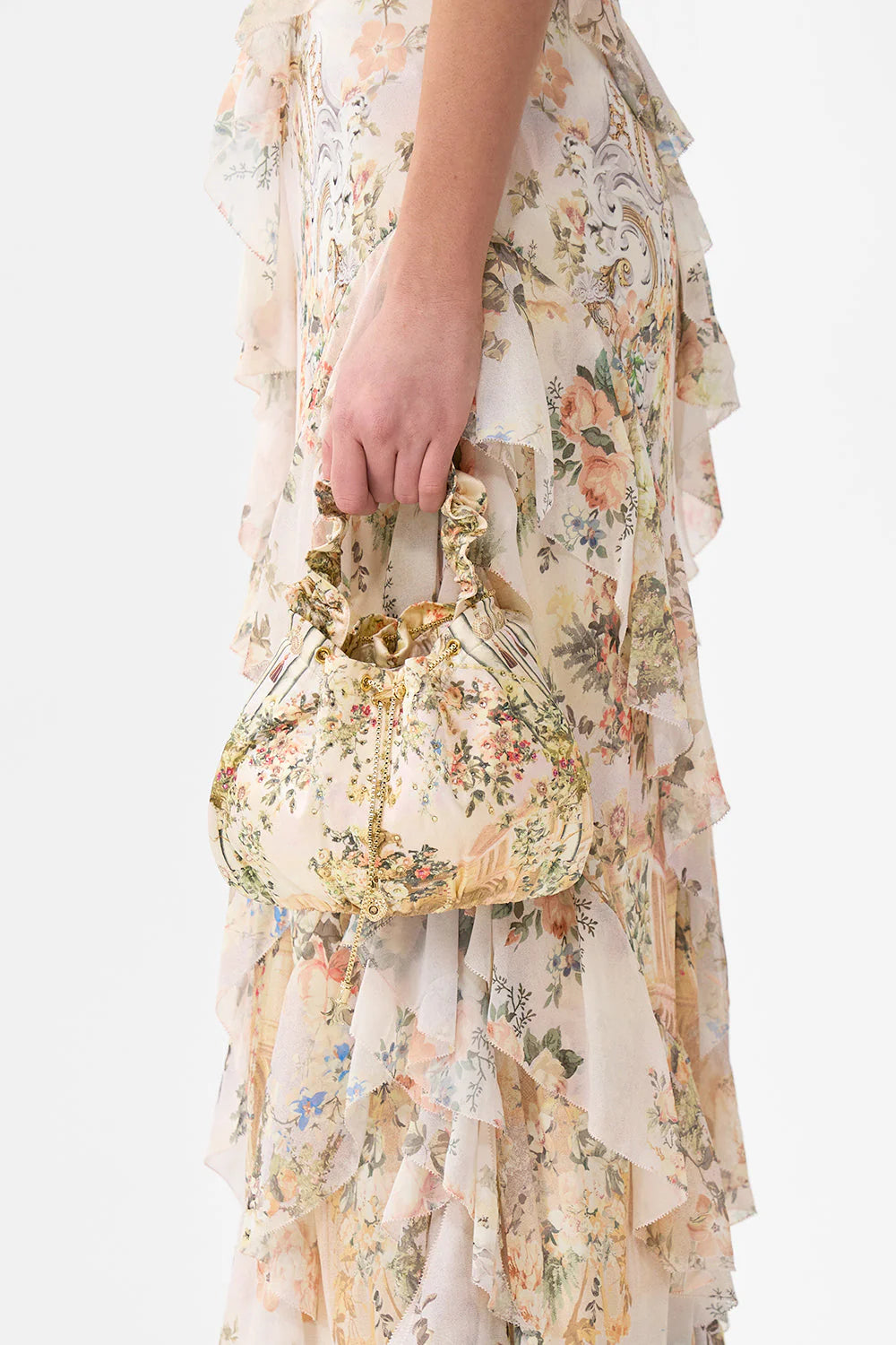 Twilight in Istanbul Drawstring Silk Pouch Bag With Chain Straps in Beige