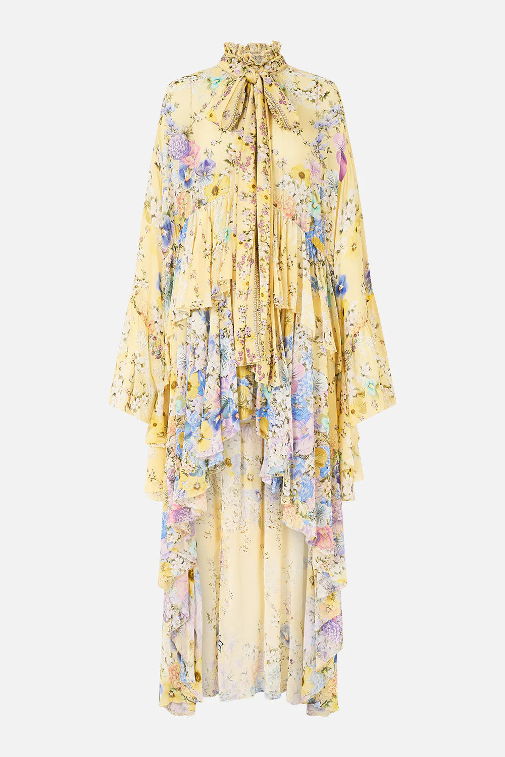 Darling Buds Ruffle High Low Floral Silk Maxi Dress With Long Sleeves in Yellow