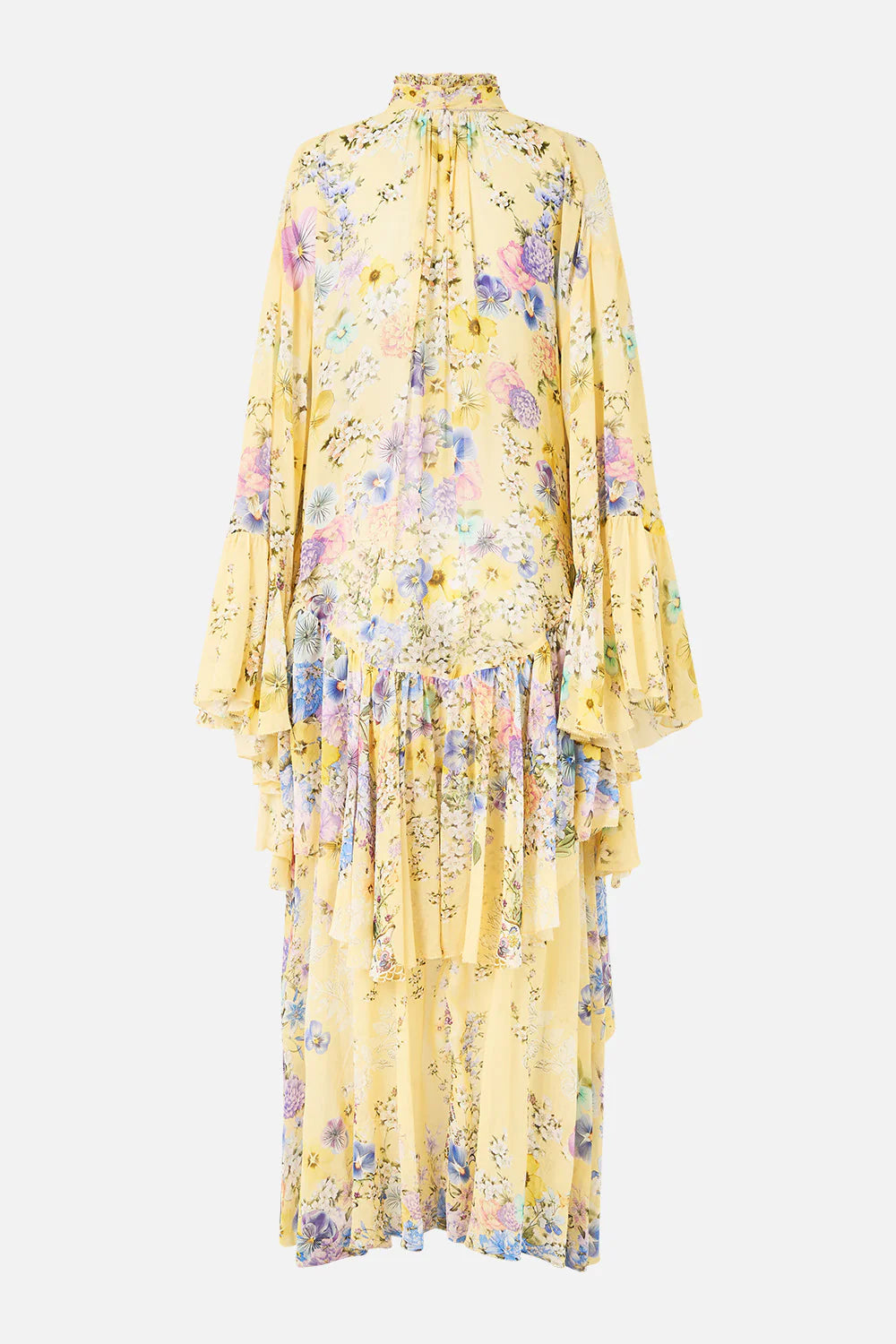 Darling Buds Ruffle High Low Floral Silk Maxi Dress With Long Sleeves in Yellow