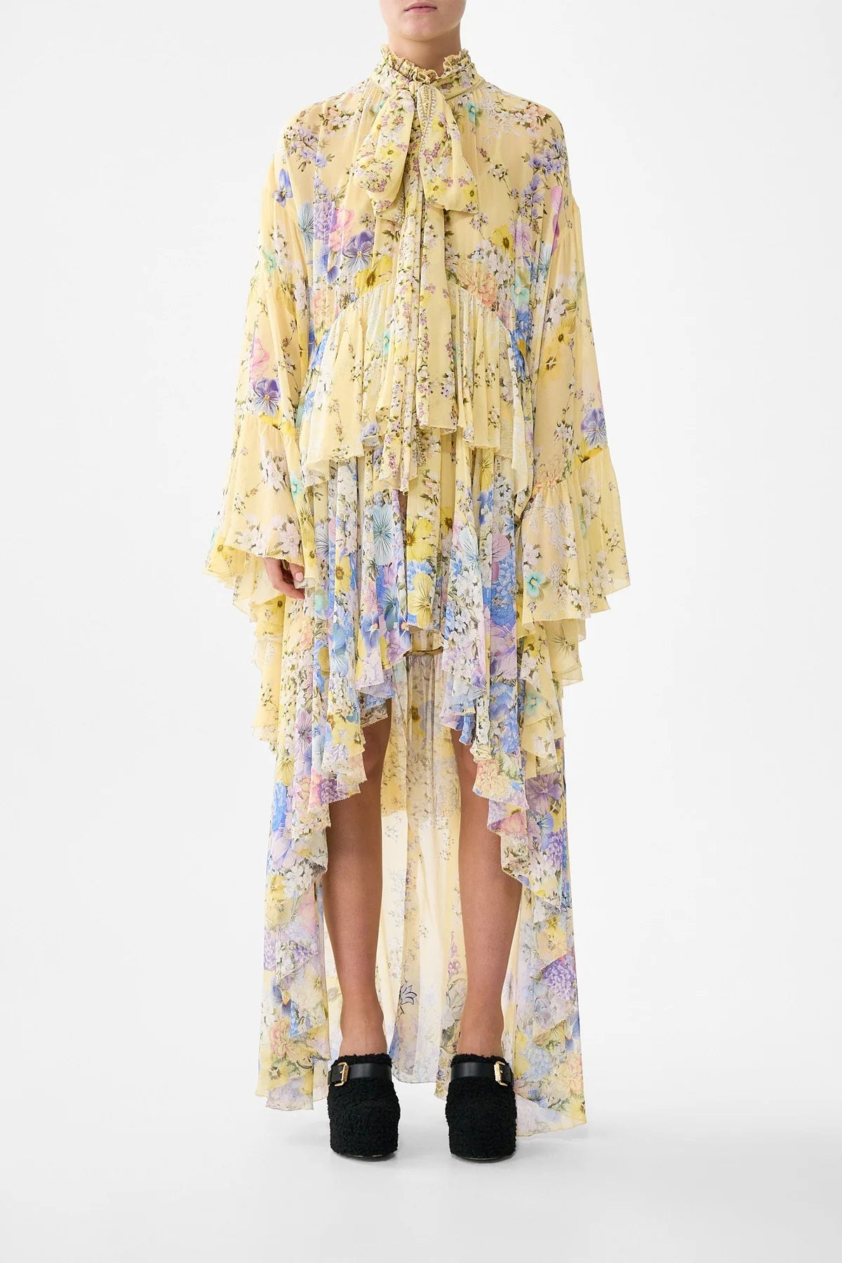 Darling Buds Ruffle High Low Floral Silk Maxi Dress With Long Sleeves in Yellow