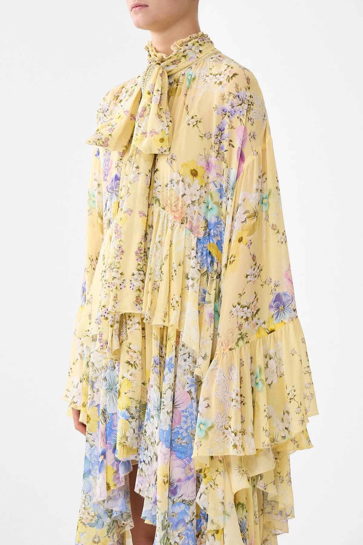 Darling Buds Ruffle High Low Floral Silk Maxi Dress With Long Sleeves in Yellow