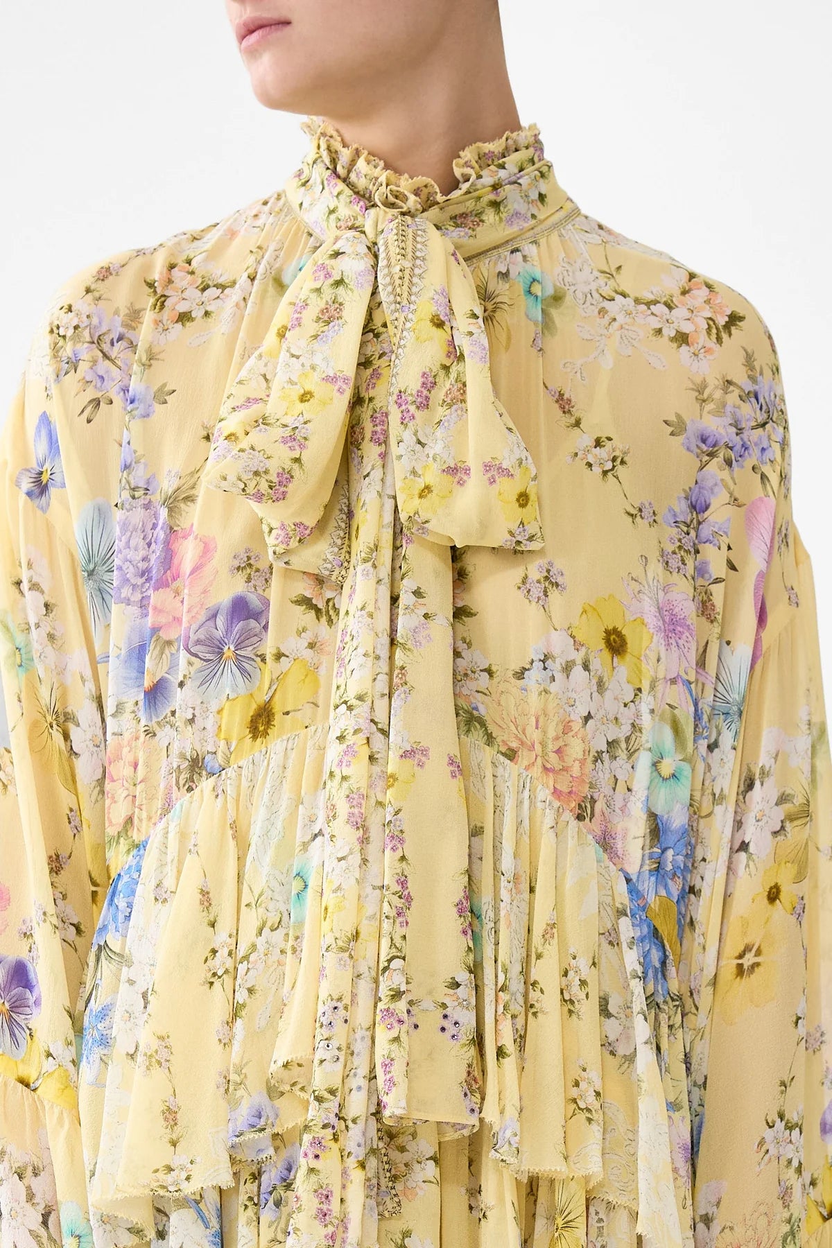 Darling Buds Ruffle High Low Floral Silk Maxi Dress With Long Sleeves in Yellow