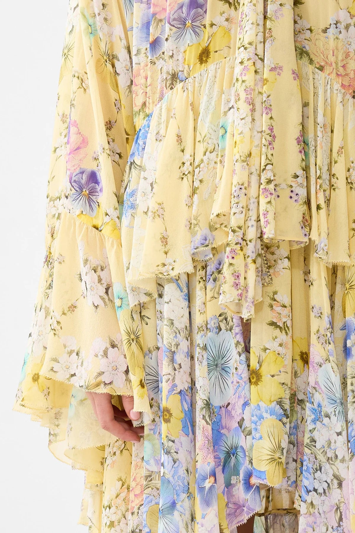 Darling Buds Ruffle High Low Floral Silk Maxi Dress With Long Sleeves in Yellow
