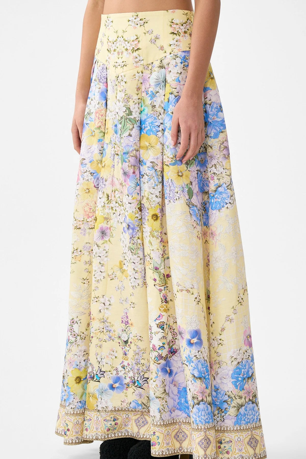 Darling Buds Corset Waist Floral Linen Silk Maxi Skirt in Yellow